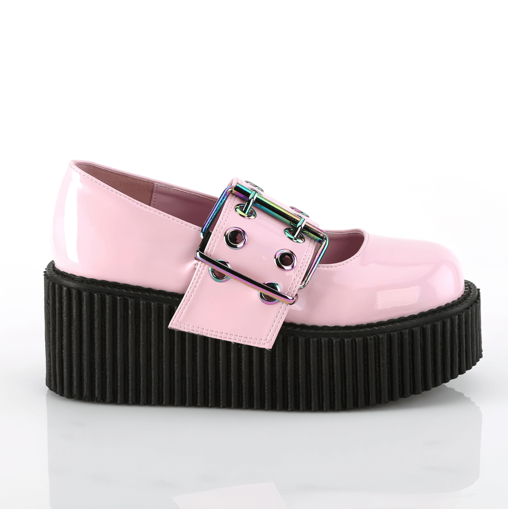Bold pink platform Mary Jane shoes with rainbow buckle, perfect for edgy and stylish outfits.