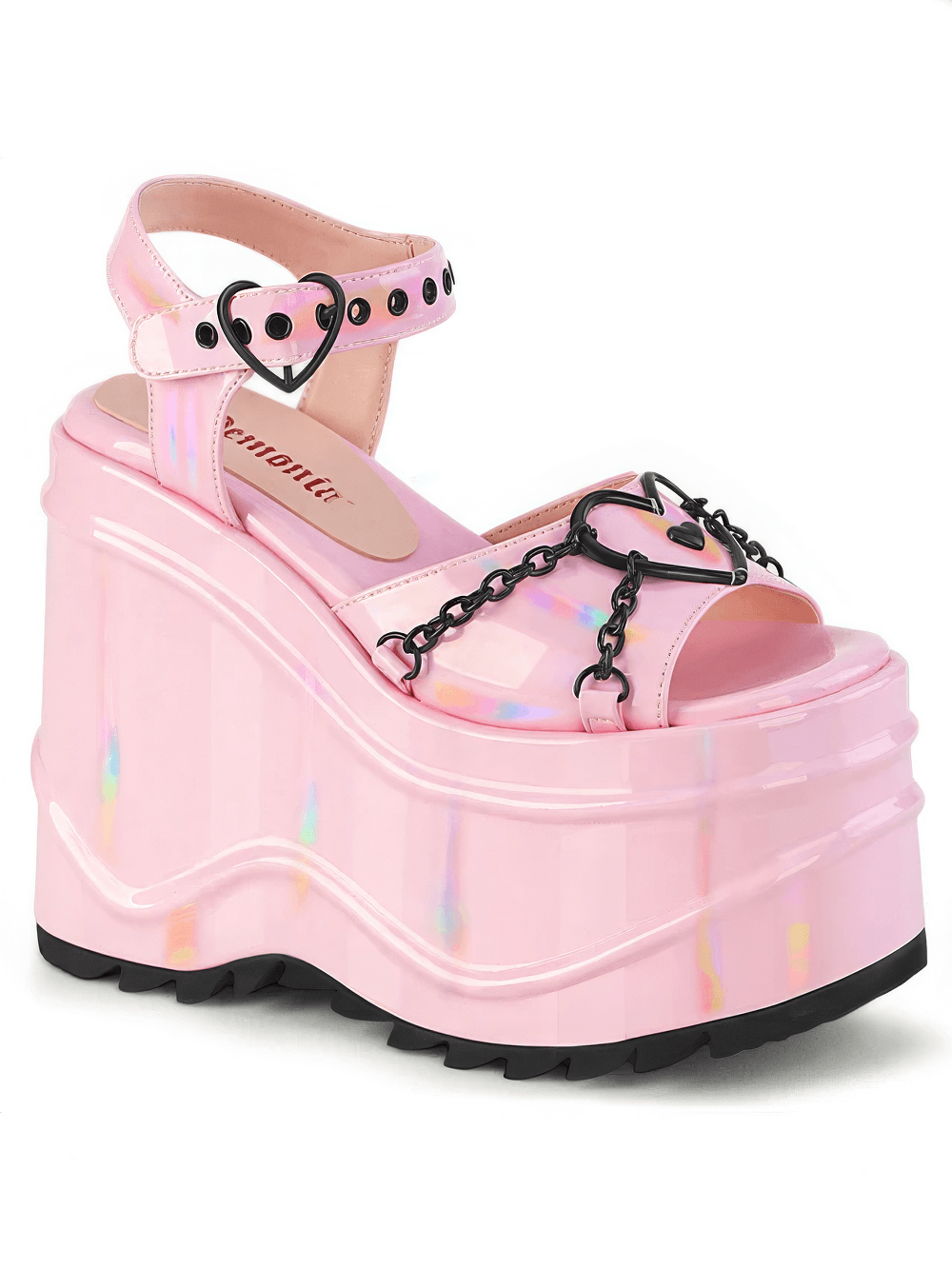 Demonia pink platform sandals with heart buckle and chain accents, featuring a chic 6-inch elevation.