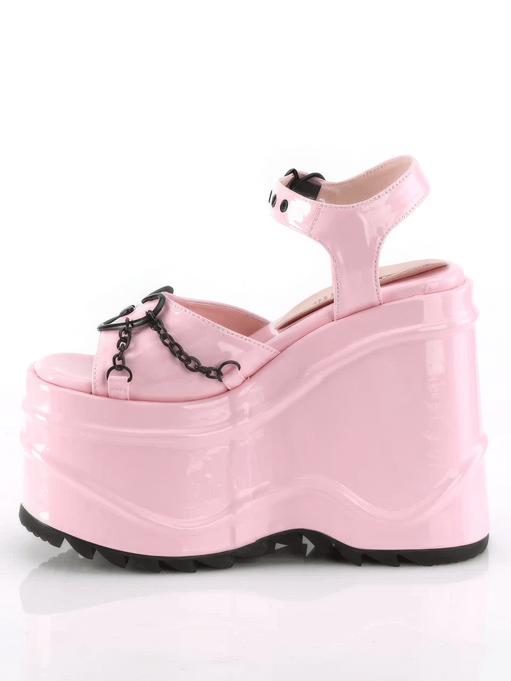 Demonia pink platform sandals with heart buckles and chain accents, featuring a bold 15.2 cm heel.