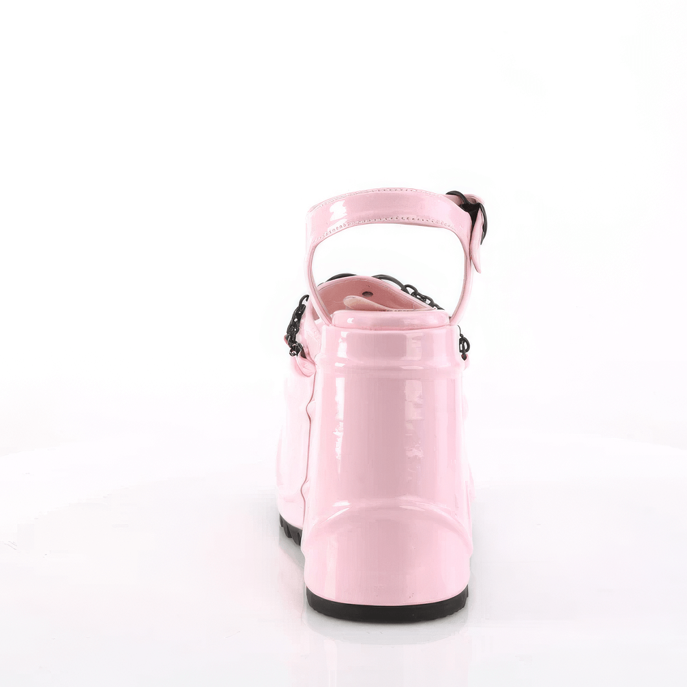 Back view of DEMONIA pink platform sandals with heart buckles and chain accents for whimsical style.