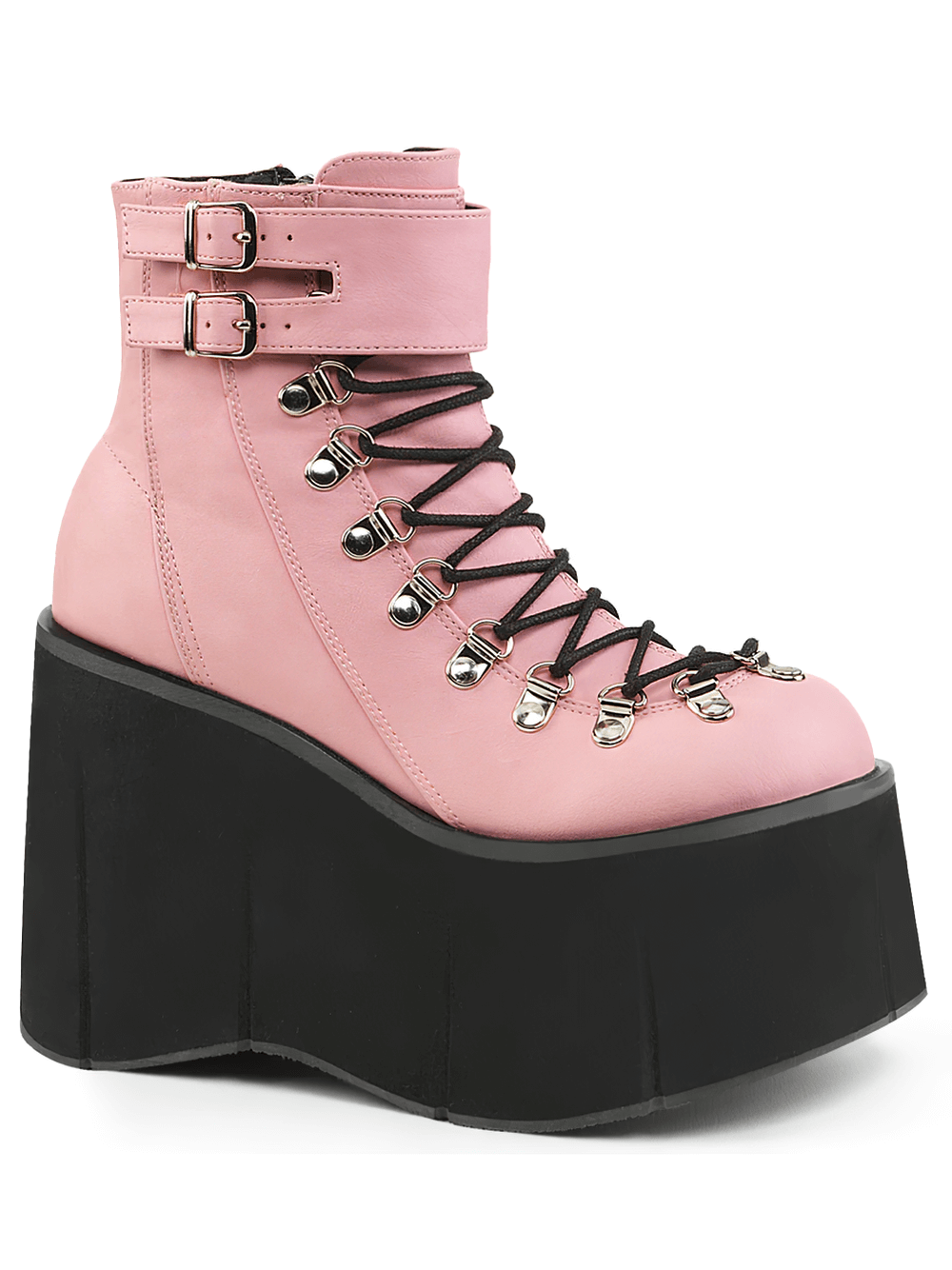 Bold pink vegan leather platform boots with lace-up, adjustable cuff, and chunky black sole for playful style.