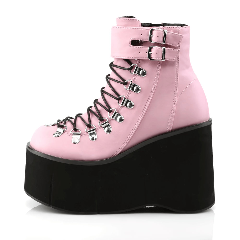Demonia pink vegan leather platform boots with adjustable cuff and lace-up design for bold fashion statements.