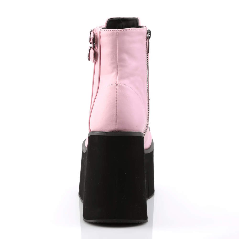 Back view of Demonia pink vegan leather platform boots with adjustable cuff and side zip closure.