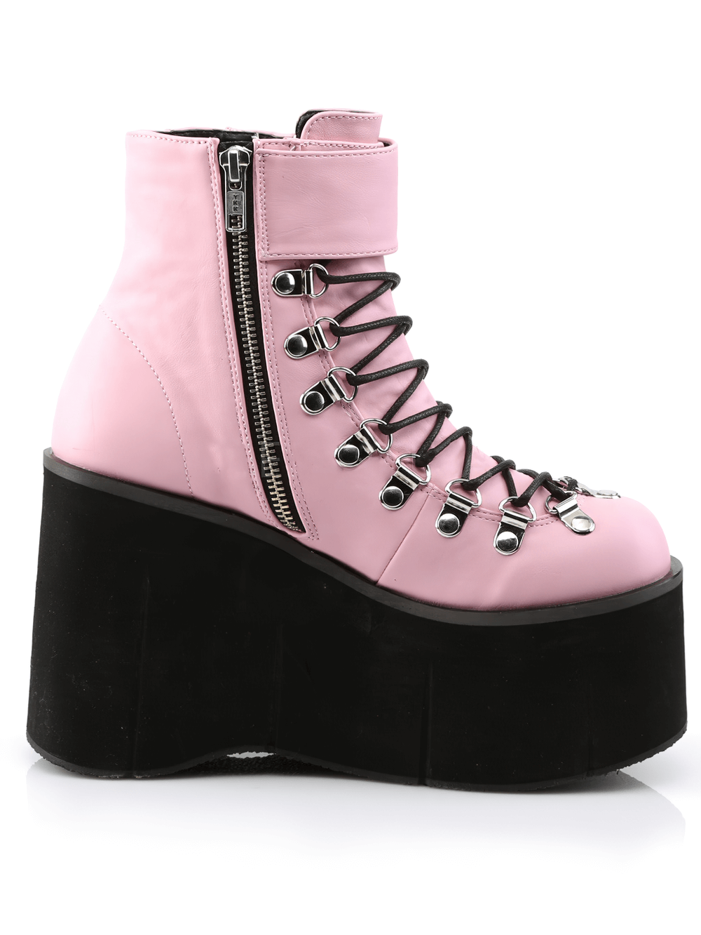 Bold pink vegan leather platform boots with adjustable cuff and lace-up style, perfect for playful fashion.
