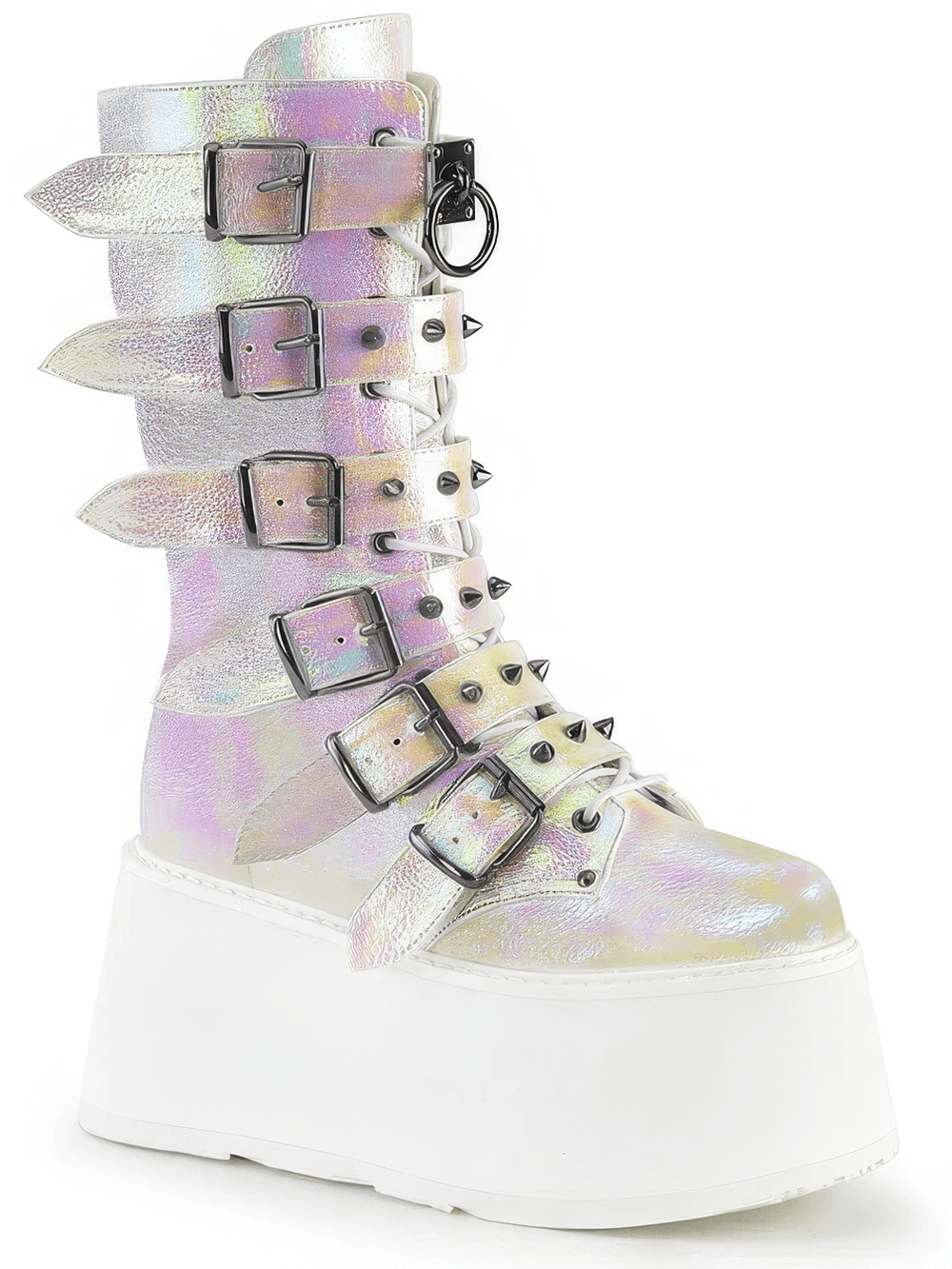 Demonia pink-white iridescent platform mid-calf boots with lace-up design and studded buckle straps.