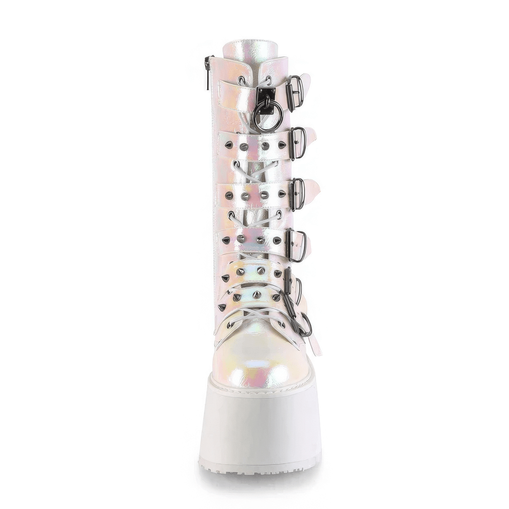 DEMONIA Pink-White Iridescent Platform Mid-Calf Boots