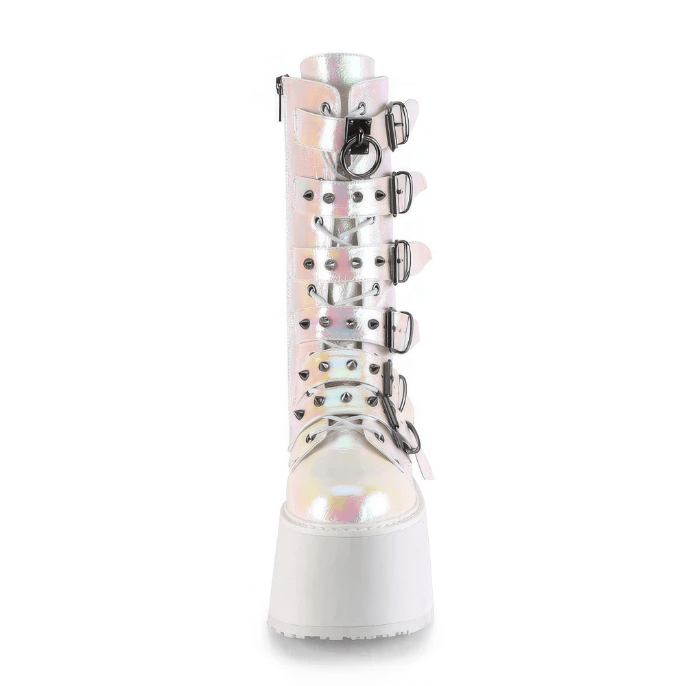 Demonia pink-white iridescent platform mid-calf boots with lace-up design and studded buckle straps.