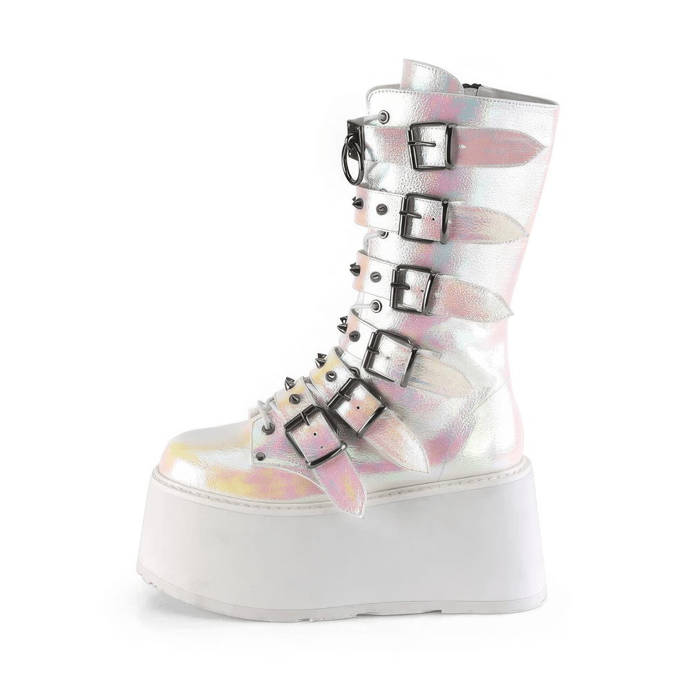 Demonia pink-white iridescent platform mid-calf boots with lace-up design and studded buckle straps.