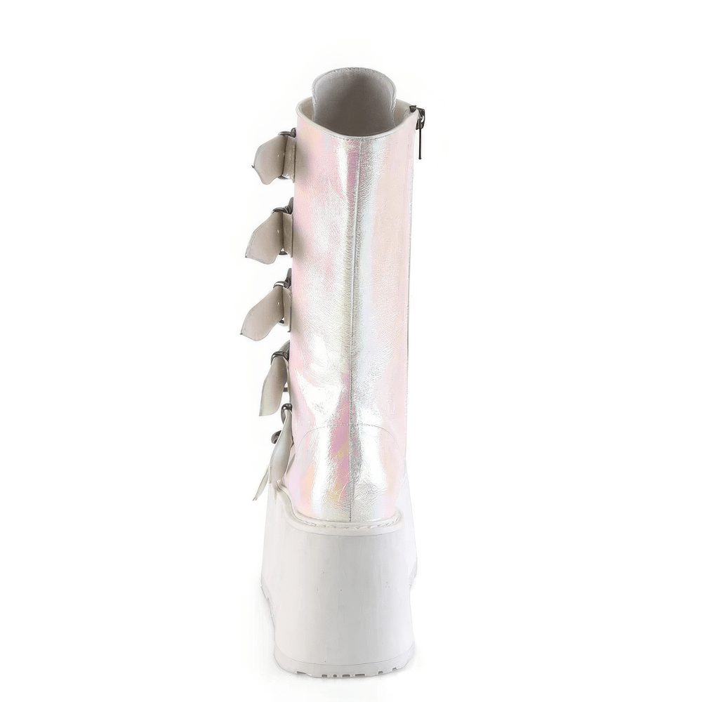 Back view of Demonia pink-white iridescent platform mid-calf boots with cone-studded straps and a sleek design.
