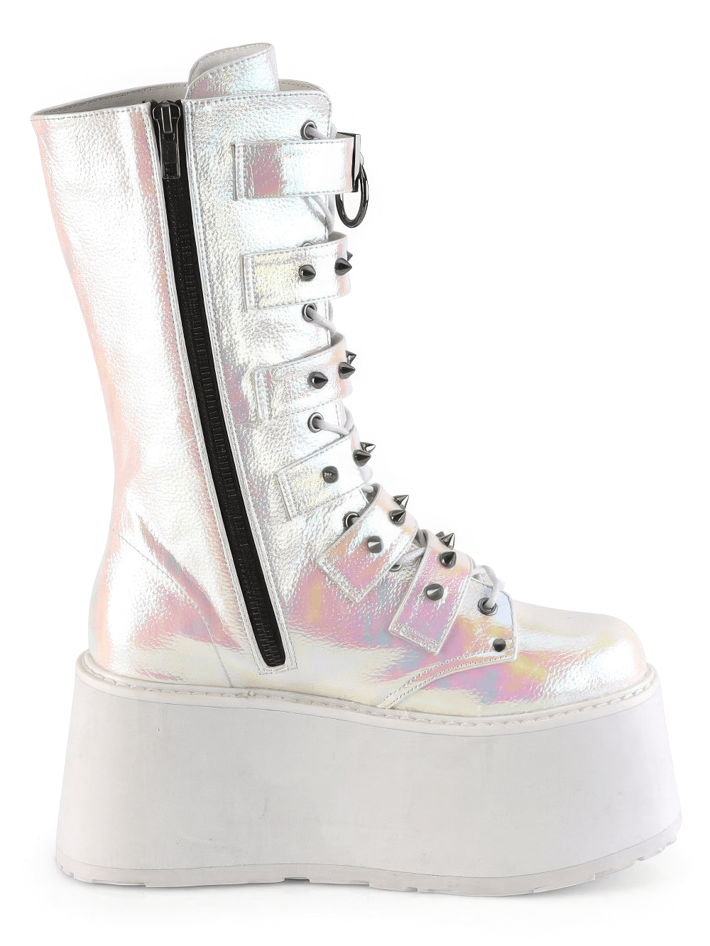 DEMONIA Pink-White Iridescent Platform Mid-Calf Boots