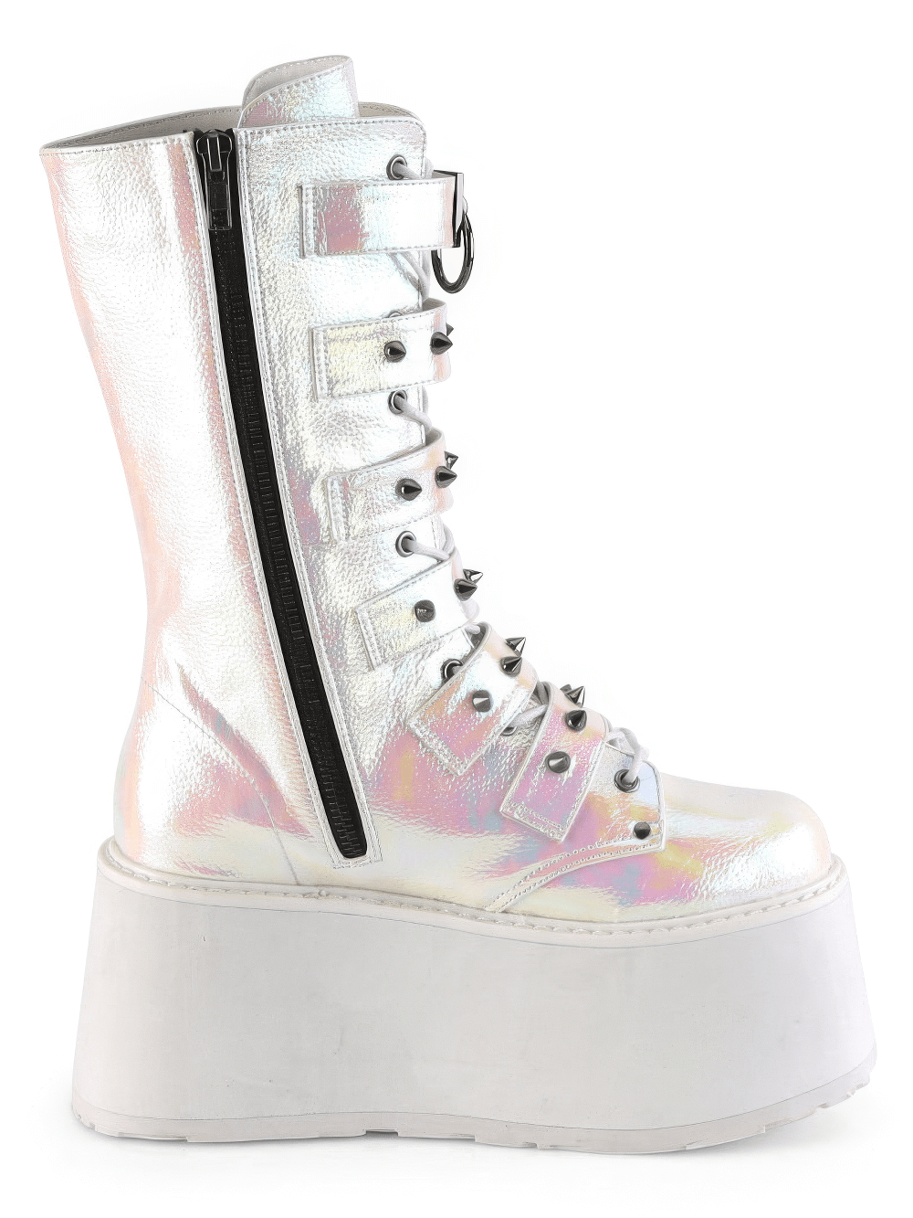 Demonia pink-white iridescent platform mid-calf boots with lace-up design and studded buckles.