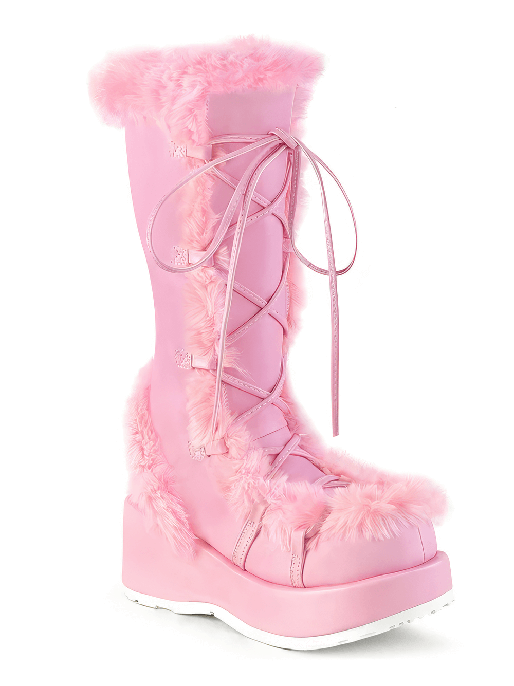 Demonia pink faux fur-trimmed mid-calf boots with platform, lace-up design, combining punk style and sweetness.