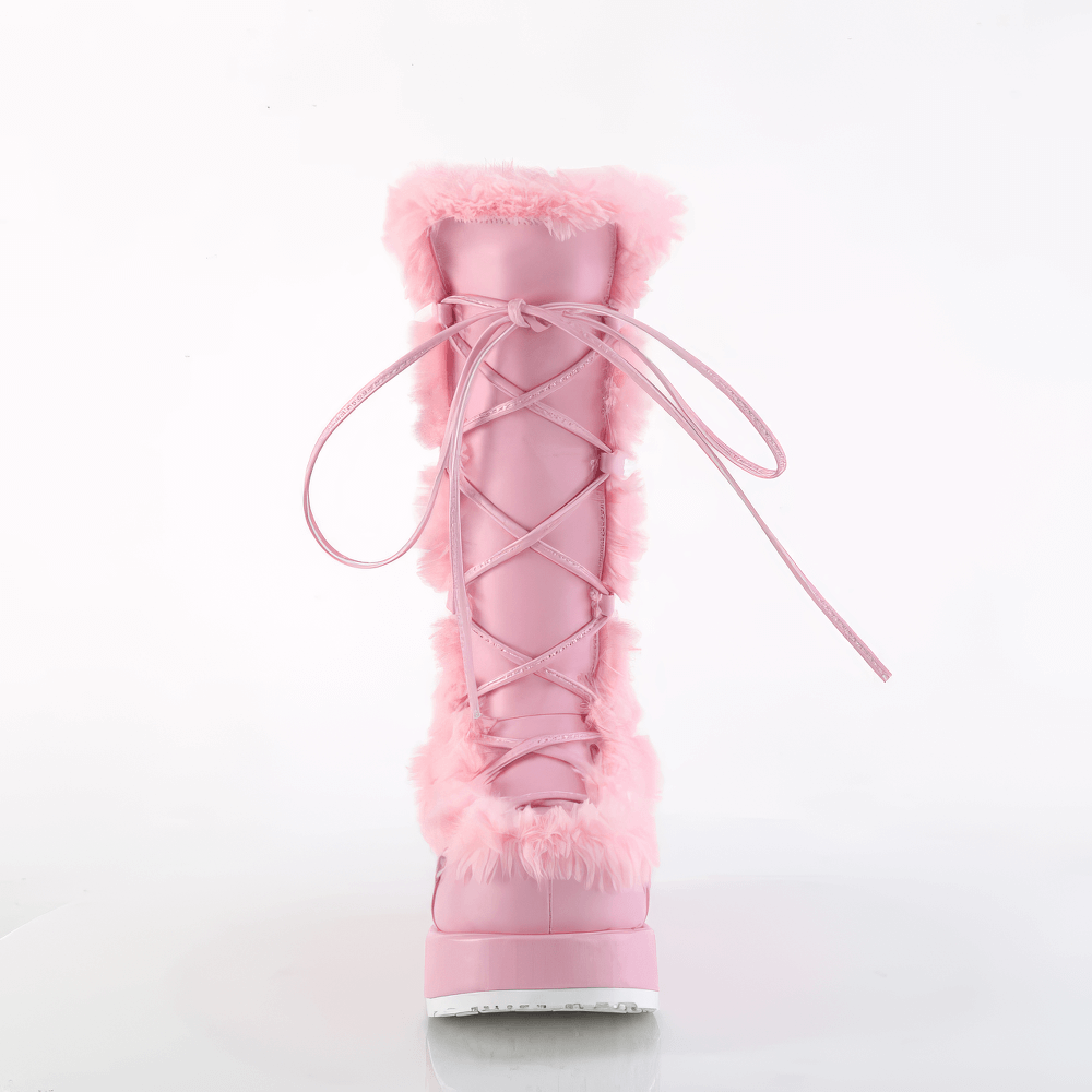 Stylish baby pink mid-calf lace-up boots with faux fur trim and platform sole, perfect for a bold, playful look.