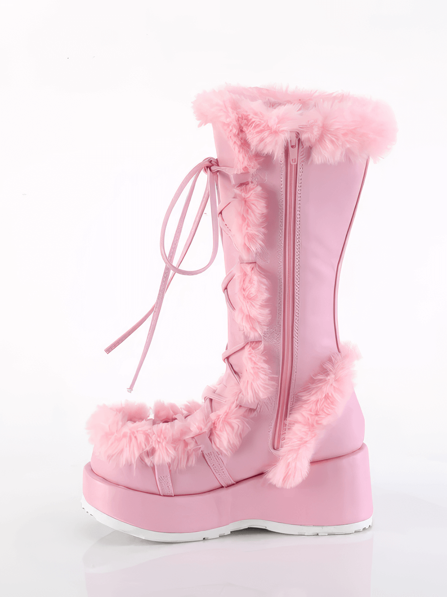 Demonia pink women's mid-calf lace-up boots with faux fur trim and platform sole.