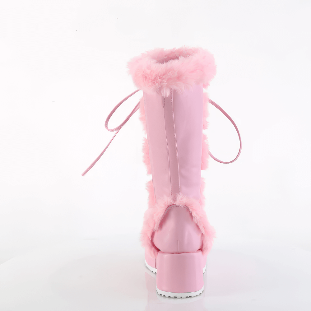 Back view of pink women's faux fur-trimmed mid-calf lace-up boots with platform heels.