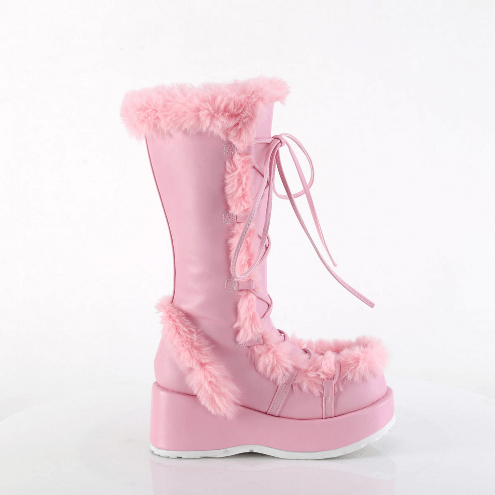 DEMONIA Pink Women's Faux Fur-Trimmed Lace-Up Boots