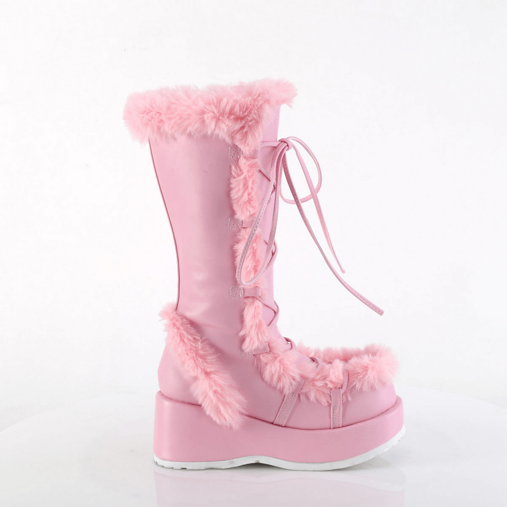 Demonia pink faux fur-trimmed mid-calf boots with platform for a playful punk style.