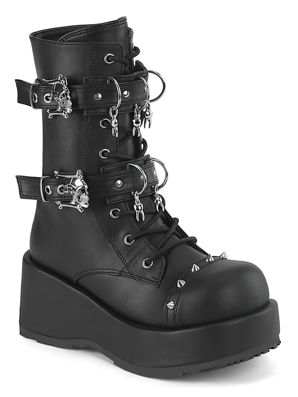 Black platform ankle boots with skull buckles, spikes, and D-ring details for a bold look.