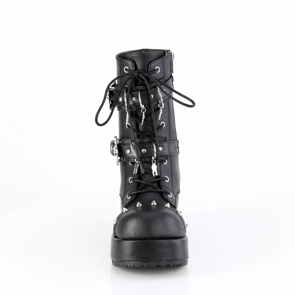 Fierce Demonia platform ankle boots with skull buckles, spikes, and lace-up design for a bold statement.