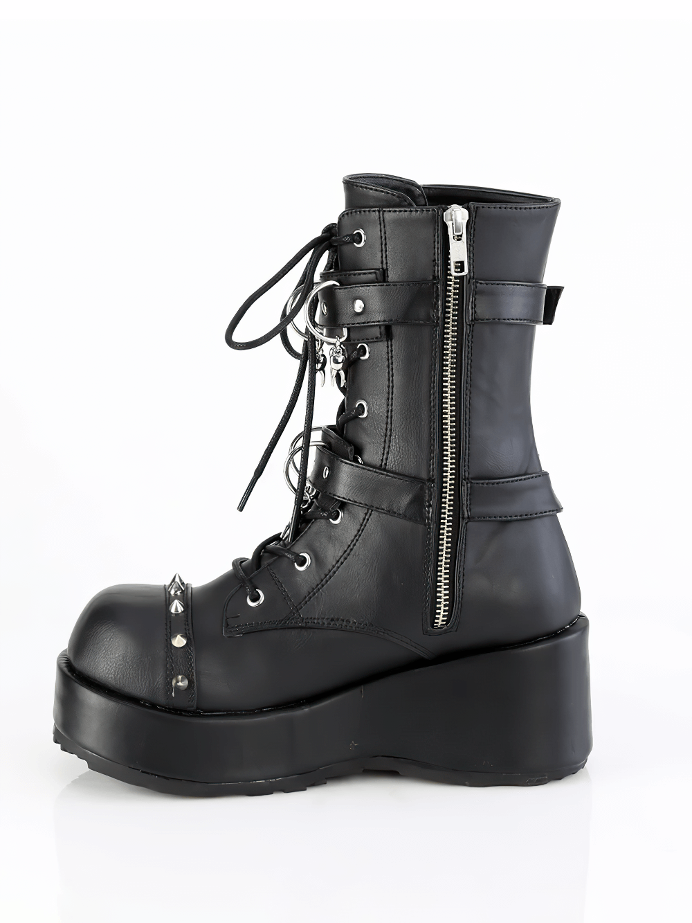 Fierce Demonia platform ankle boots with skull buckles, D-rings, and spikes for a bold gothic style.