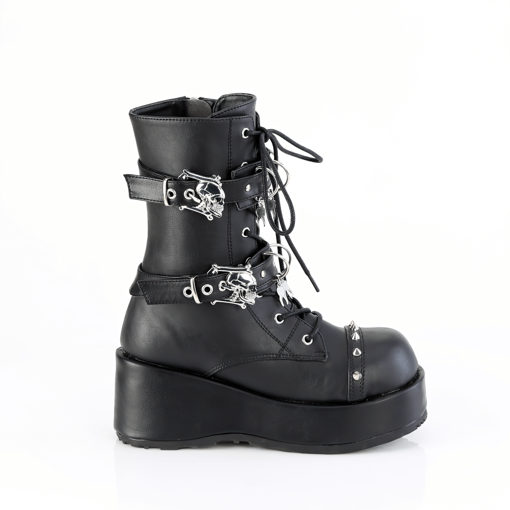 Demonia platform ankle boots with skull buckles and spikes, featuring lace-up design and bold D-ring details.
