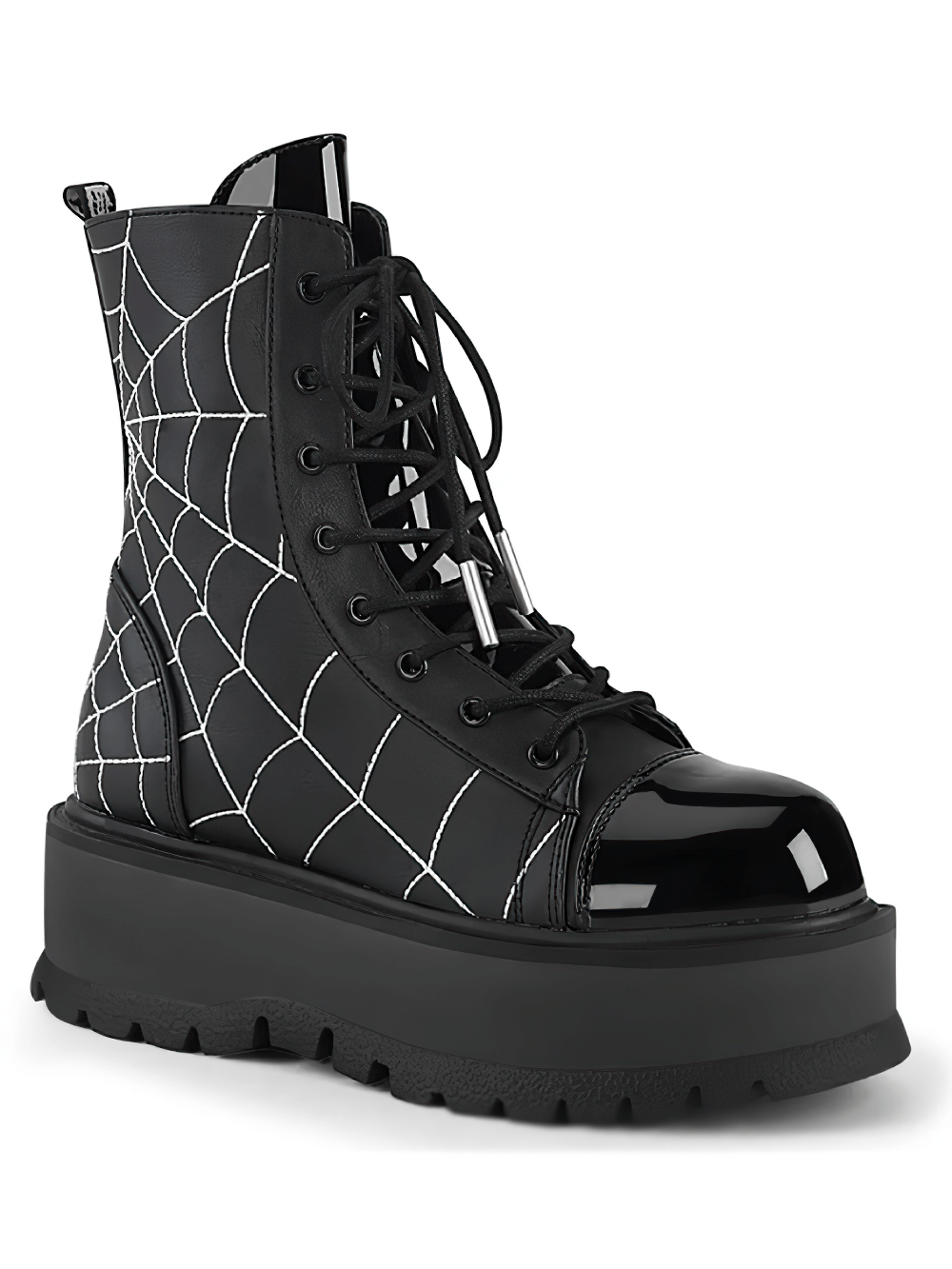 DEMONIA Platform Black Ankle Boots with Spider Web Design