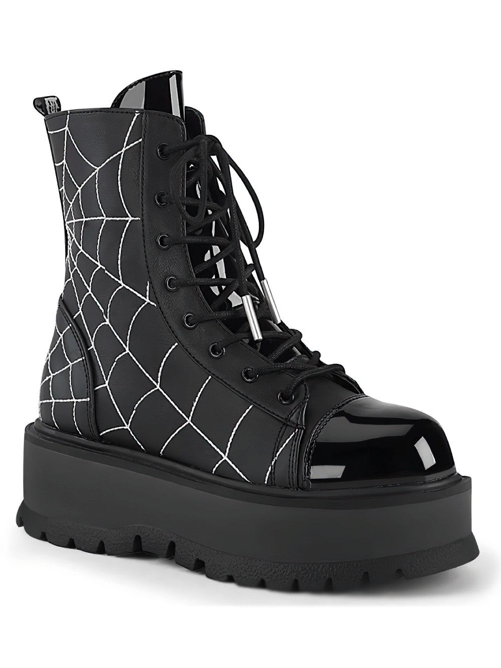 Daring Demonia black ankle boots with spider web design, lace-up front, and 2" platform for a punk rock vibe.