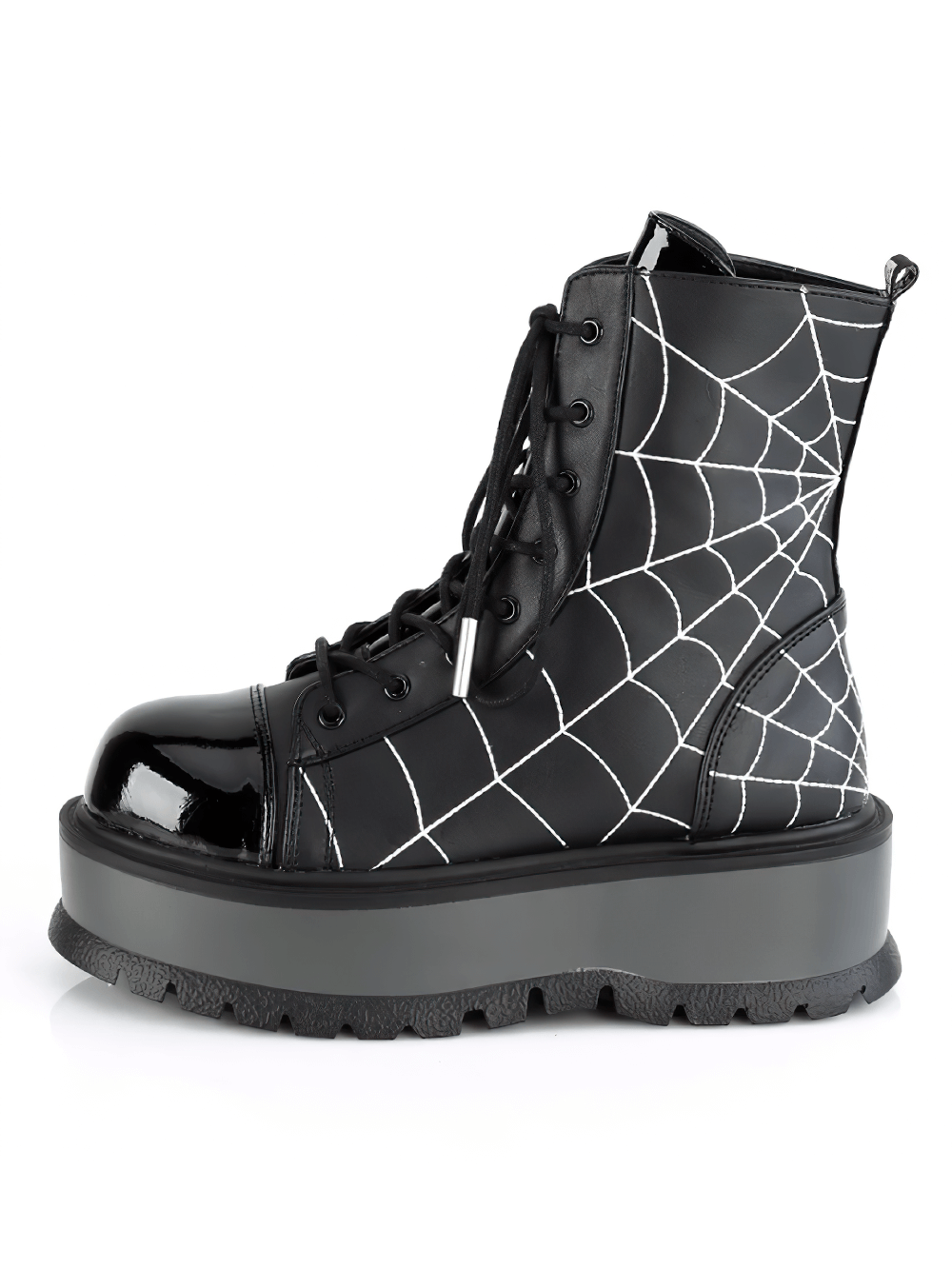 Daring Demonia black platform ankle boots with striking spider web embroidery and lace-up design.