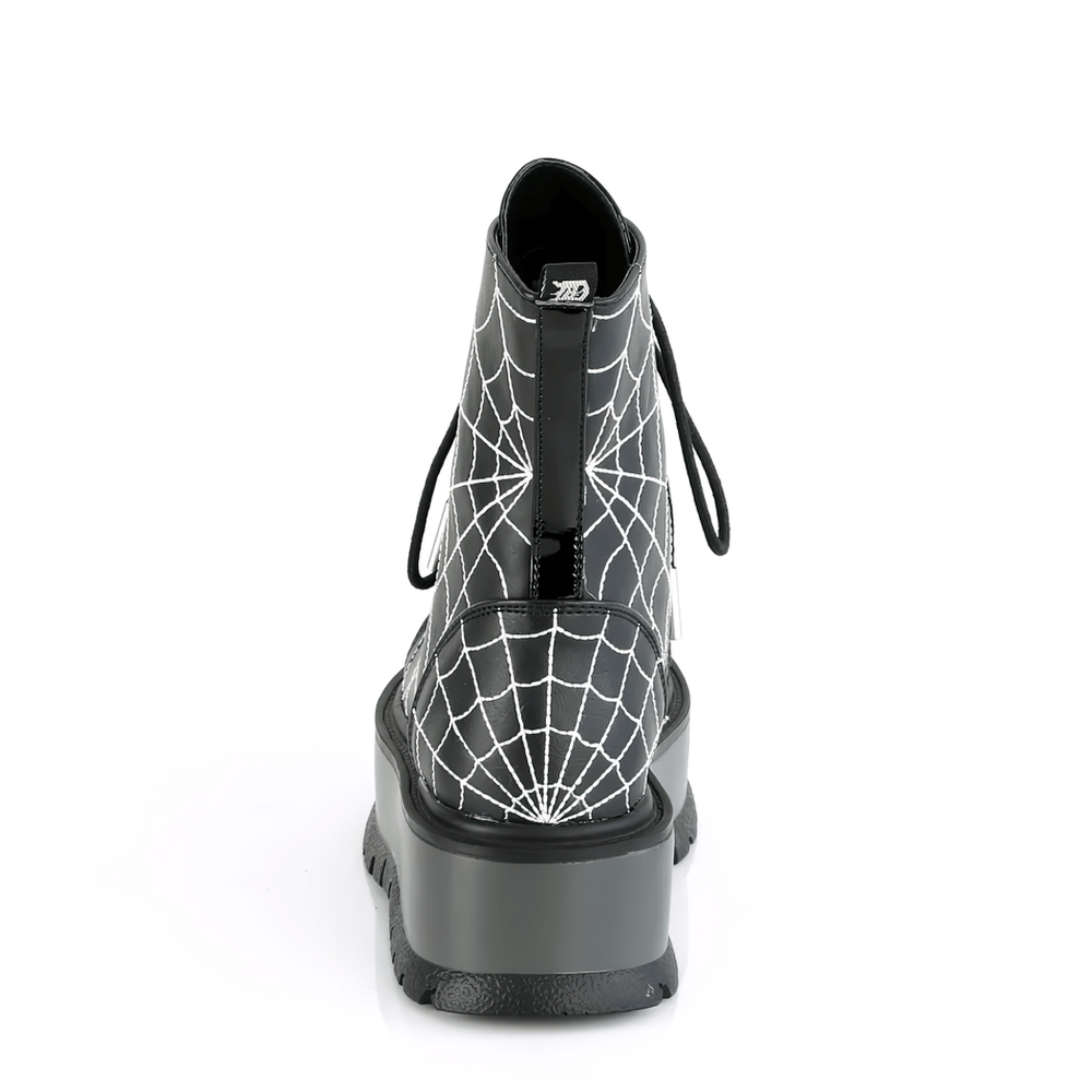 Back view of DEMONIA Black Ankle Boots with spider web design and 2-inch platform, perfect for punk rock style.