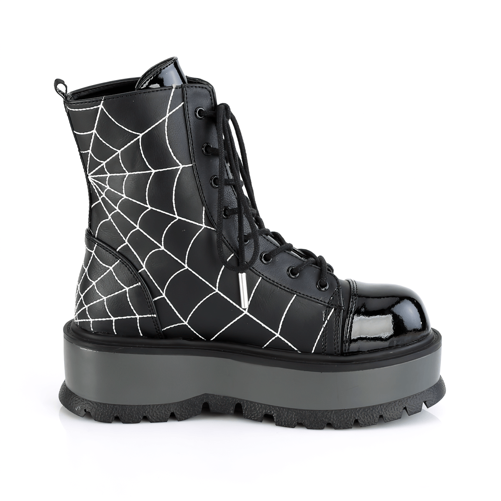 DEMONIA Platform Black Ankle Boots with Spider Web Design