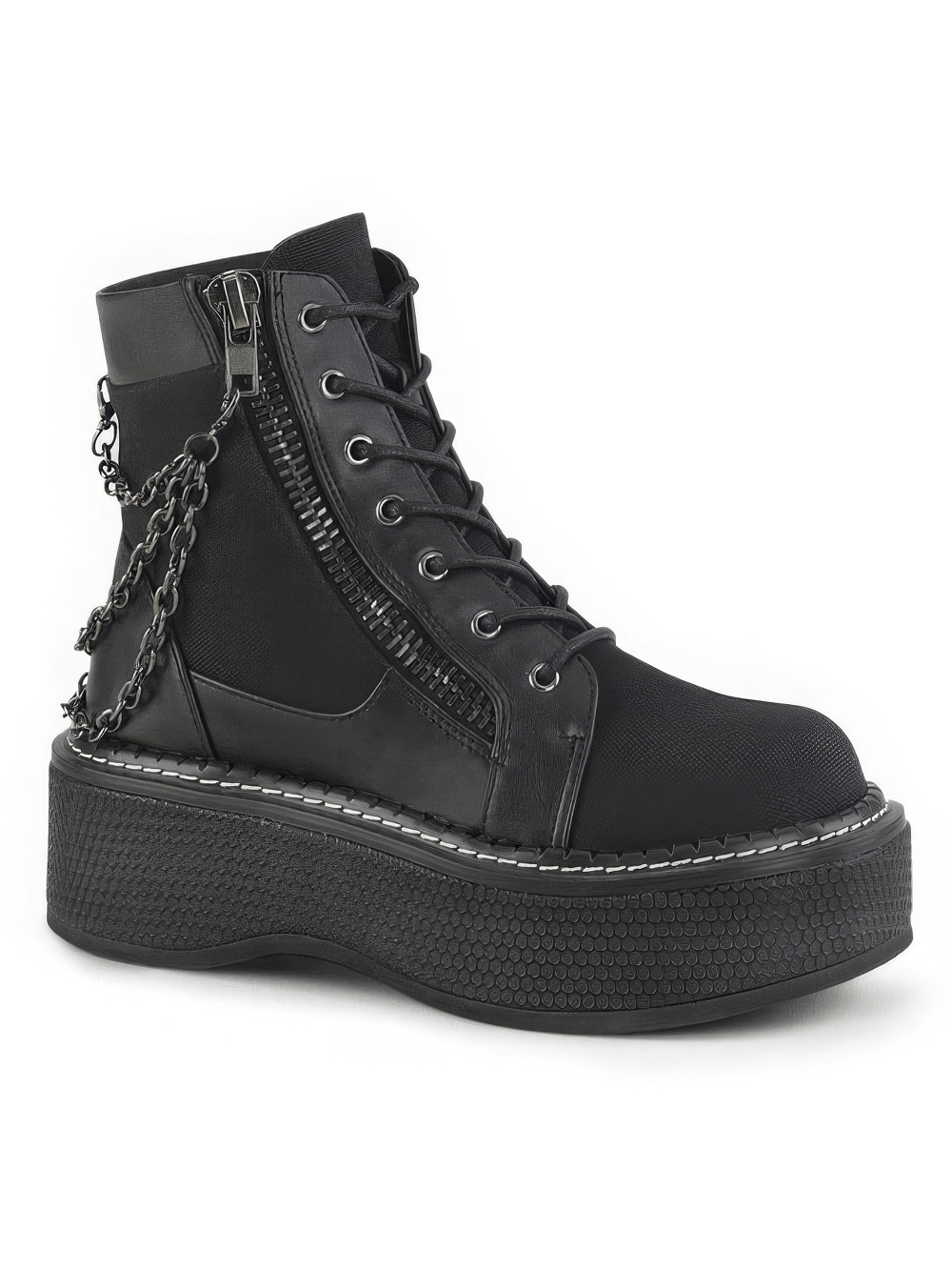 Edgy black platform lace-up booties with chain and zipper details, perfect for gothic-inspired outfits.