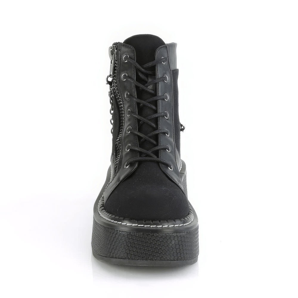 Stylish Demonia platform bootie featuring edgy lace-up design, chain accents, and outer metal zipper.