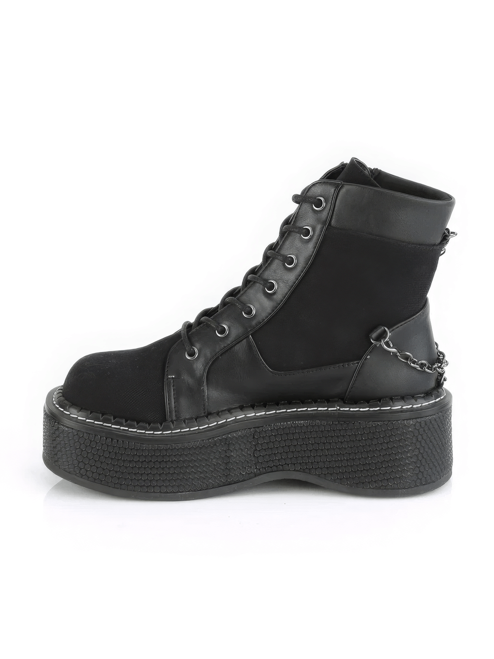 Edgy Demonia platform bootie with chain and zipper details, featuring a stylish black canvas and vegan leather design.