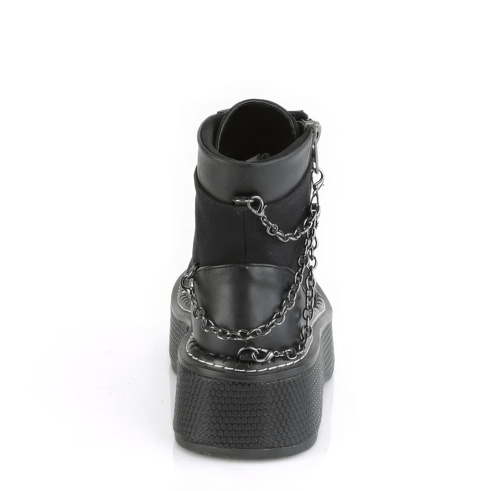 Demonia platform bootie with chain and zipper details, showcasing a stylish back view and edgy design.