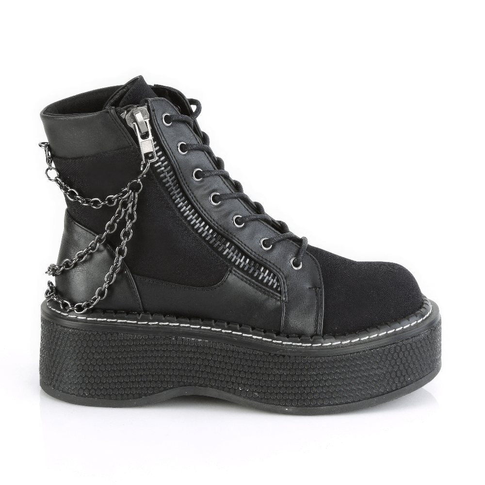 Edgy black platform bootie featuring chain accents and zipper details, perfect for a bold gothic look.