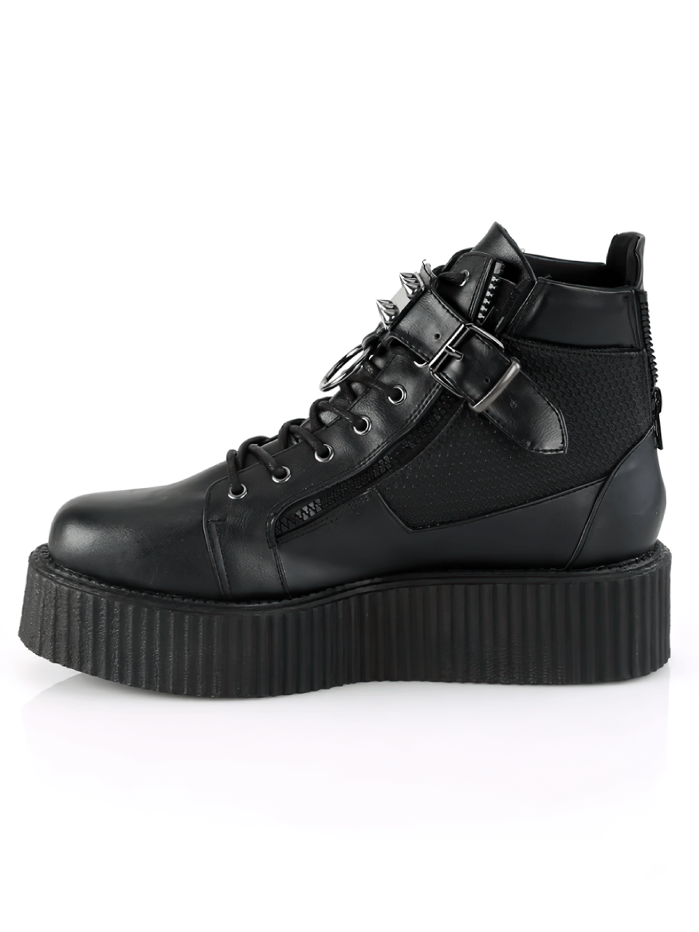 Demonia platform creeper boots with spiked buckle strap and dual zippers in black, showcasing edgy alternative fashion.