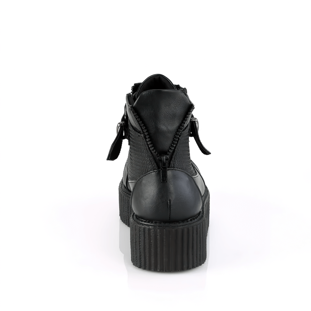 Back view of Demonia platform creeper boots featuring dual zippers and chunky sole for edgy style.