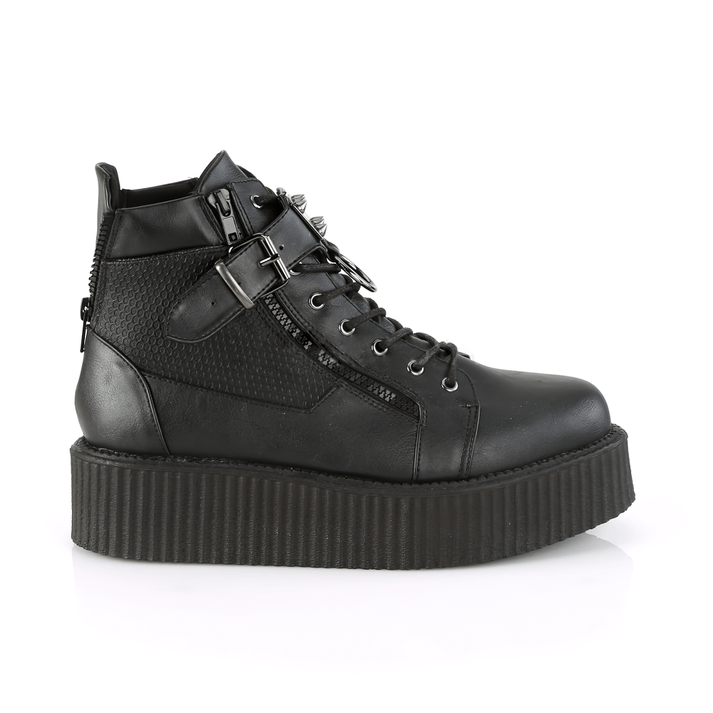 Demonia platform creeper boots with spiked buckle strap and dual zippers in black.