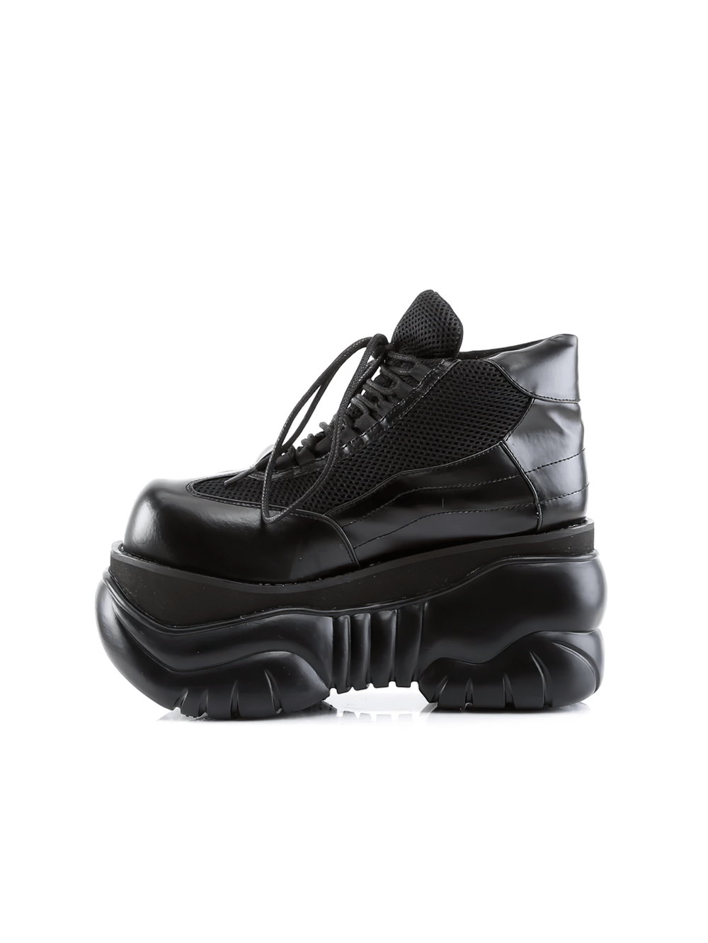 Demonia platform cyber punk lace-up sneakers in black vegan leather with chunky platform design.