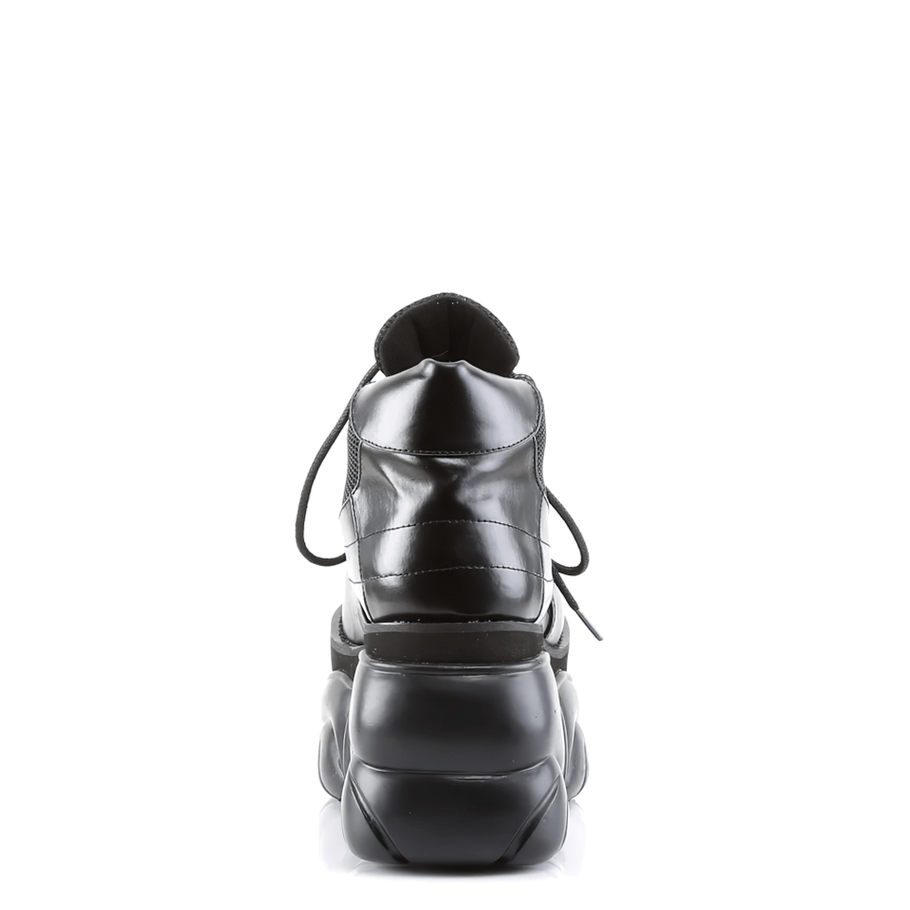 Bold black vegan leather Demonia Platform Cyber Punk Lace Up Sneakers from the back, showcasing their chunky design.