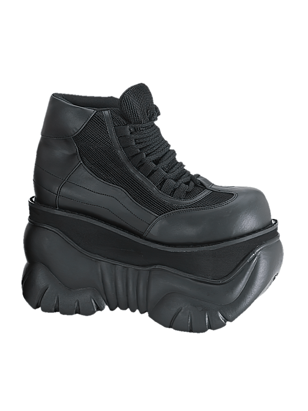 Demonia black vegan leather platform sneakers with thick chunky sole for punk and cyber fashion.