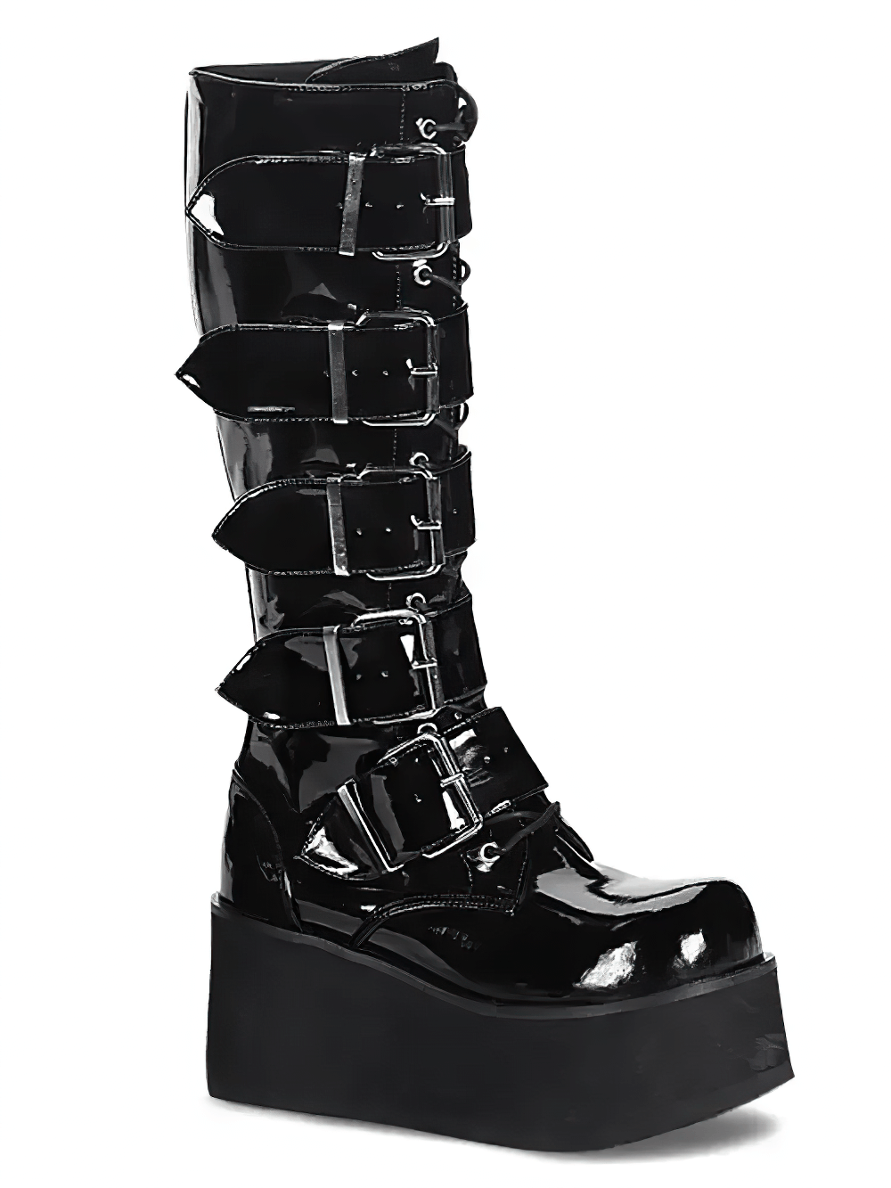 Goth punk knee-high boots in glossy black patent with chunky buckles and a 3 1/4" platform.