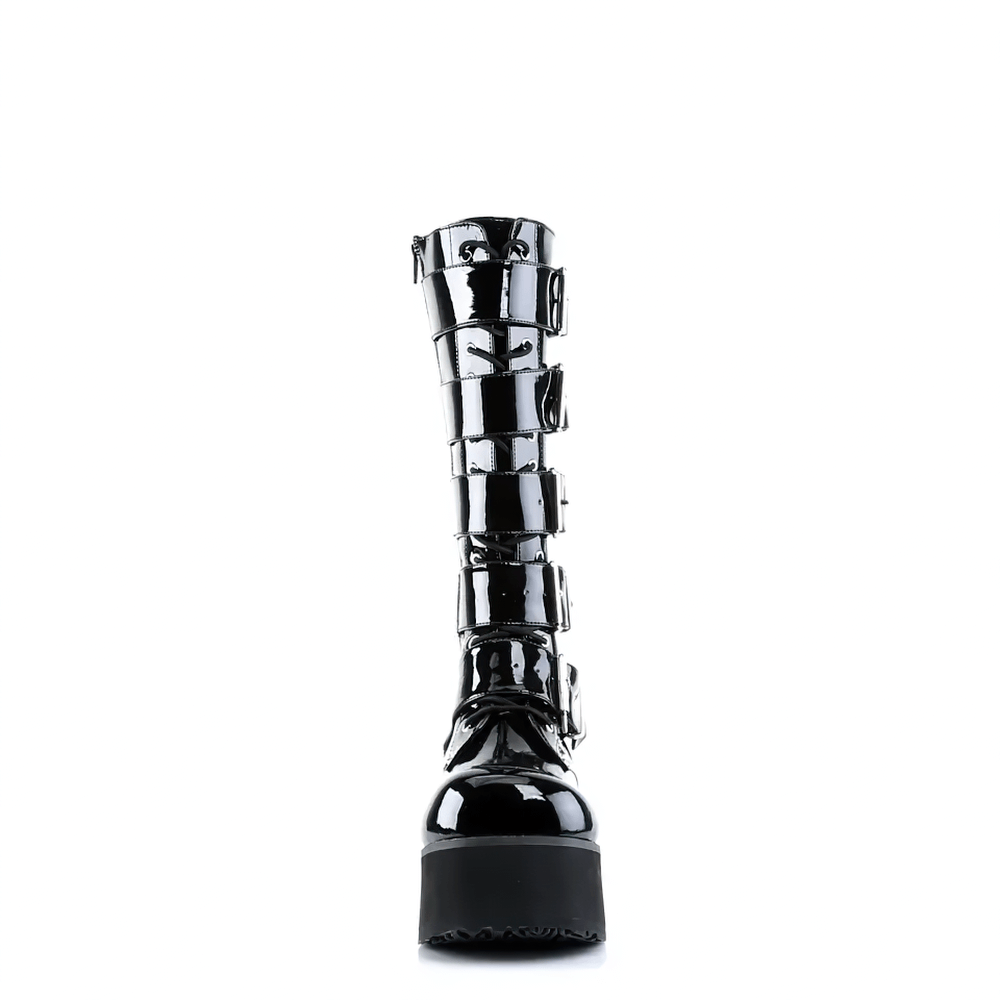 Glossy black patent knee-high Demonia boots with chunky buckles and 3.25" platform, showcasing punk-inspired fashion.