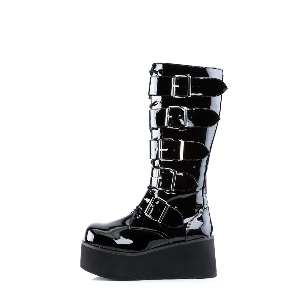 Glossy black patent knee-high punk boots with chunky buckles and a sleek platform design.