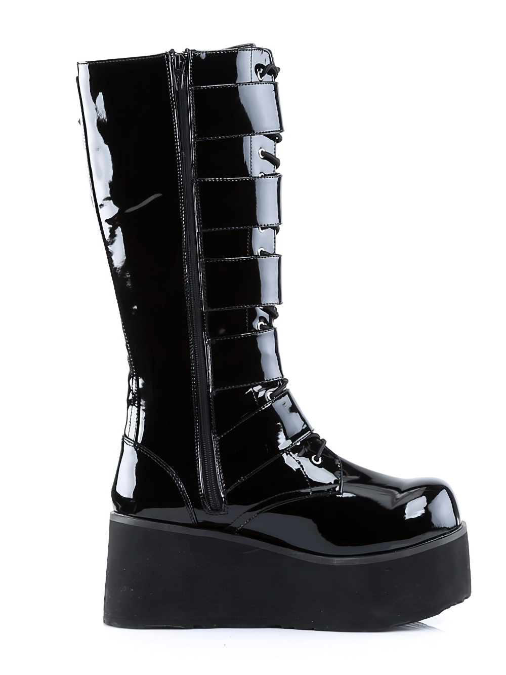 Glossy black patent knee-high platform boots with side zipper and chunky buckles, perfect for punk style.