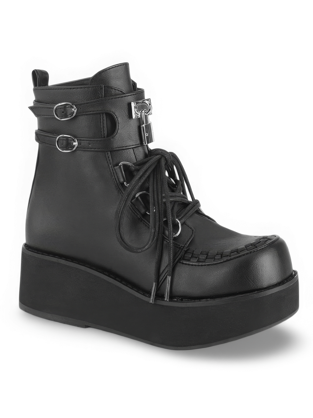 DEMONIA Platform Lace-Up Ankle Boots with Metal Lock Charm