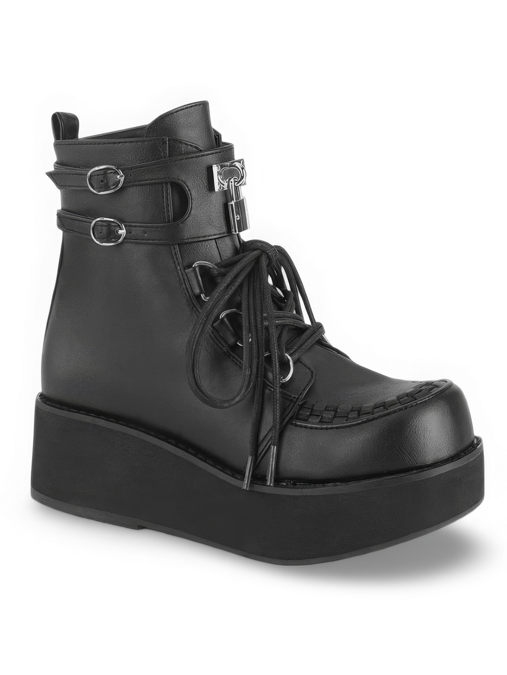Demonia black vegan leather platform lace-up ankle boots with metal lock charm and interwoven strap detailing.