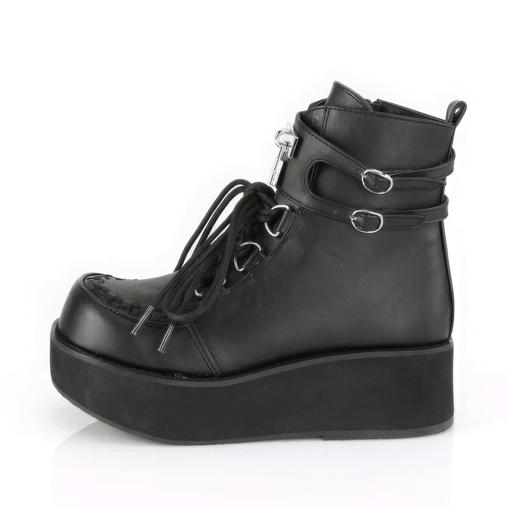 Demonia platform lace-up ankle boots in black vegan leather with interwoven strap and metal lock charm.