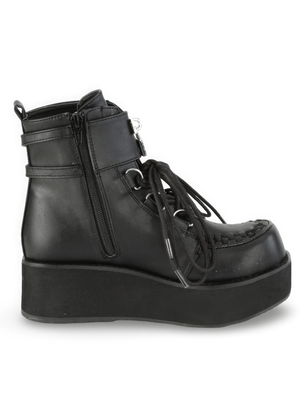 DEMONIA Platform Lace-Up Ankle Boots with Metal Lock Charm
