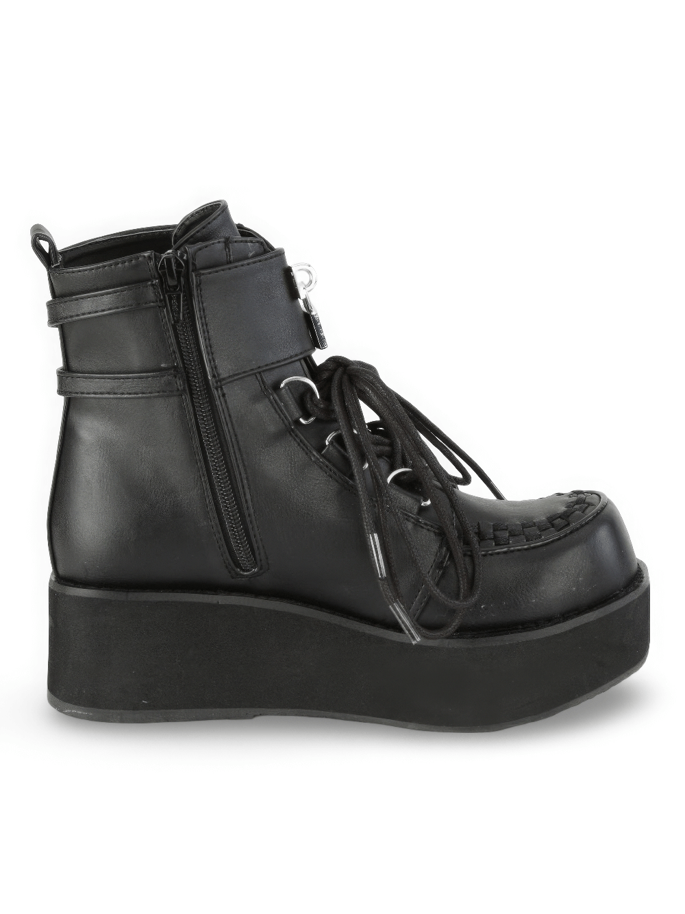 Demonia black platform lace-up ankle boots featuring a zip and interwoven strap with a metal lock charm.